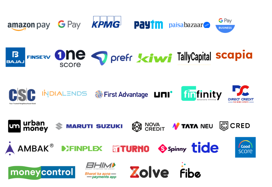 Logos of bhim, money control, good score, direct credit, Amazon Pay, Google Pay, KPMG, Paytm, Paisabazaar, Google Pay Business, Bajaj Finserv, FinsERV, OneScore, Prefr, Kiwi, TallyCapital, Scapia, CRED, IndiaLends, First Advantage, Uni, Finfinity Solutions, Urban Money, Maruti Suzuki, Nova Credit, Tata Neu, AMBAK, Finplex, Turno, Spinny, Fibe, tide, 